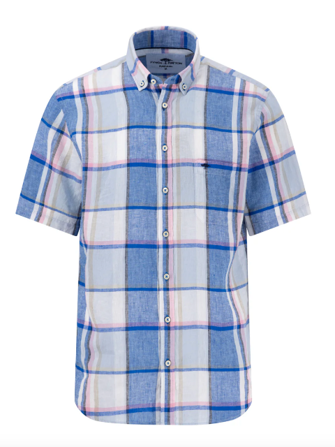 FYNCH HATTON® Premium Check Halbbar Linen S/S Shirt/Strong Blue - SS25 SALE