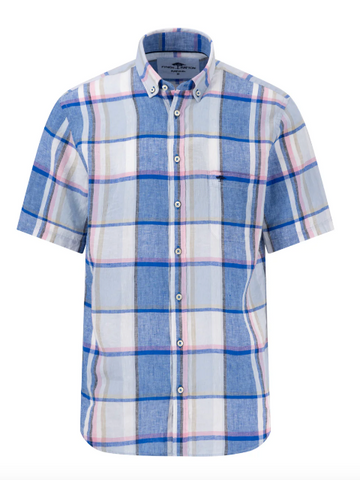 FYNCH HATTON® Premium Check Halbbar Linen S/S Shirt/Strong Blue - SS25 SALE