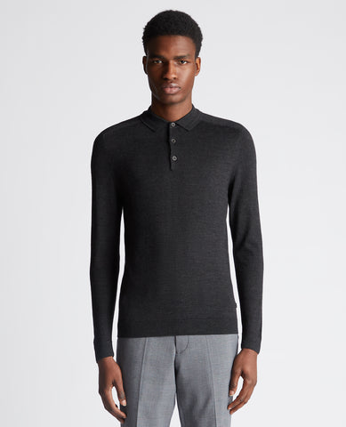 REMUS UOMO® Long Sleeve Knitted Polo Shirt/Charcoal- Winter 23/24 Version