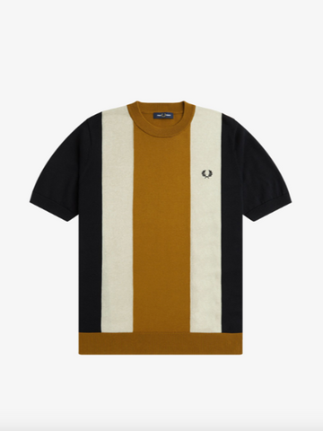 Fred Perry Stripe Fine Knitted T-Shirt/Black/Oatmeal - New SS24