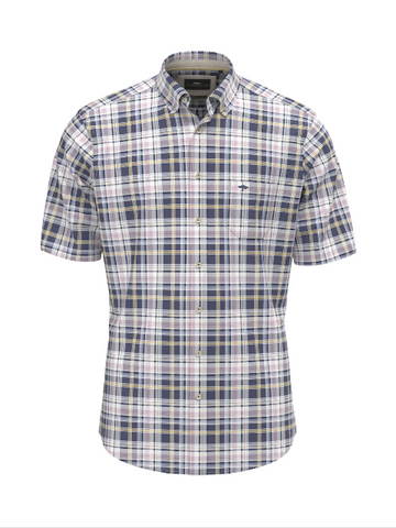 FYNCH HATTON® Premium Poplin Check S/S Shirt/Blue 655 - SS26