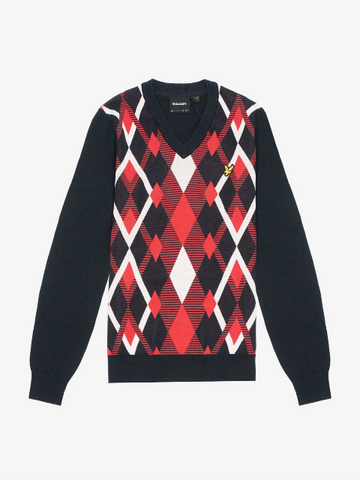 Lyle & Scott Argyle V-Neck Jumper/Navy Cherry - SS26 Limited Edition